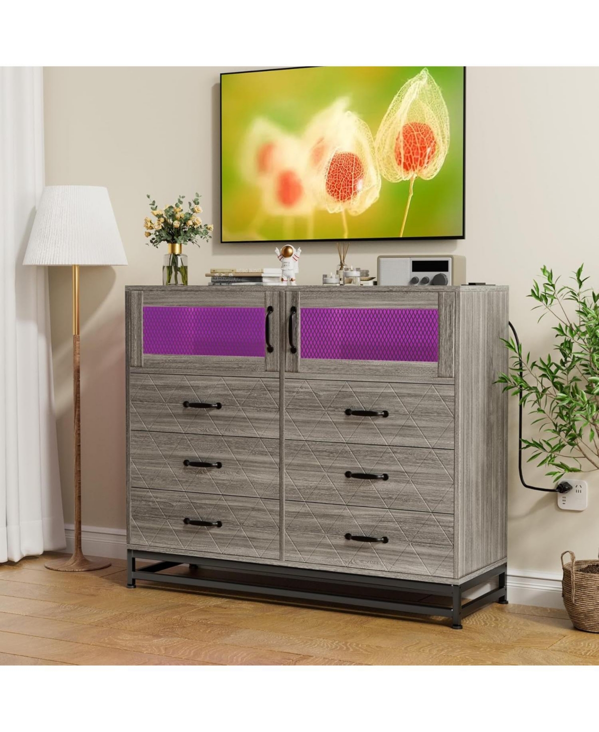 Gaomon 6-Drawer Wood Bedroom Dresser with Led Lights & Charging Station