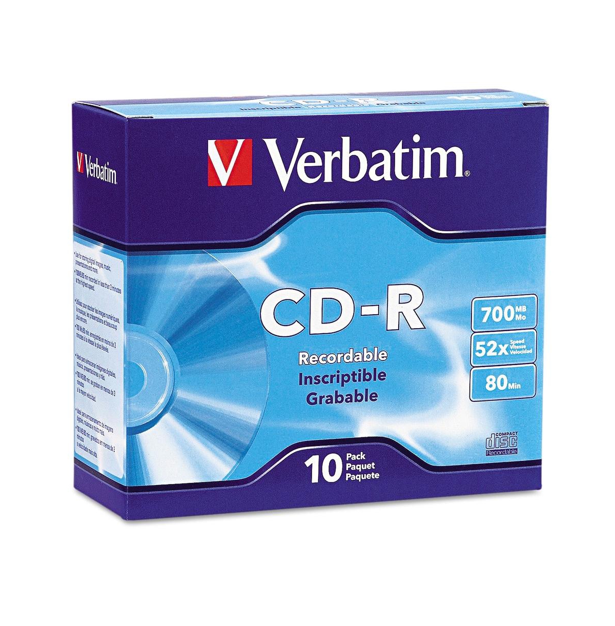 Verbatim 94935 700 Mb/80 min 52x Cd-r Recordable Discs in Slim Jewel Case - Silver (10/Pack