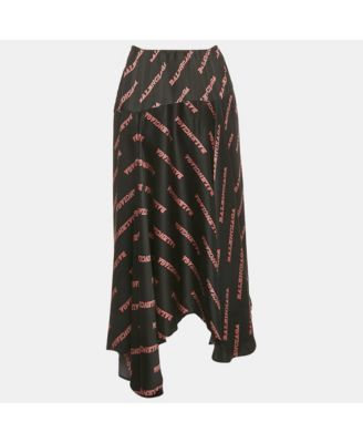 Women's Black Logo Print Satin Silk Asymmetric Midi Skirt