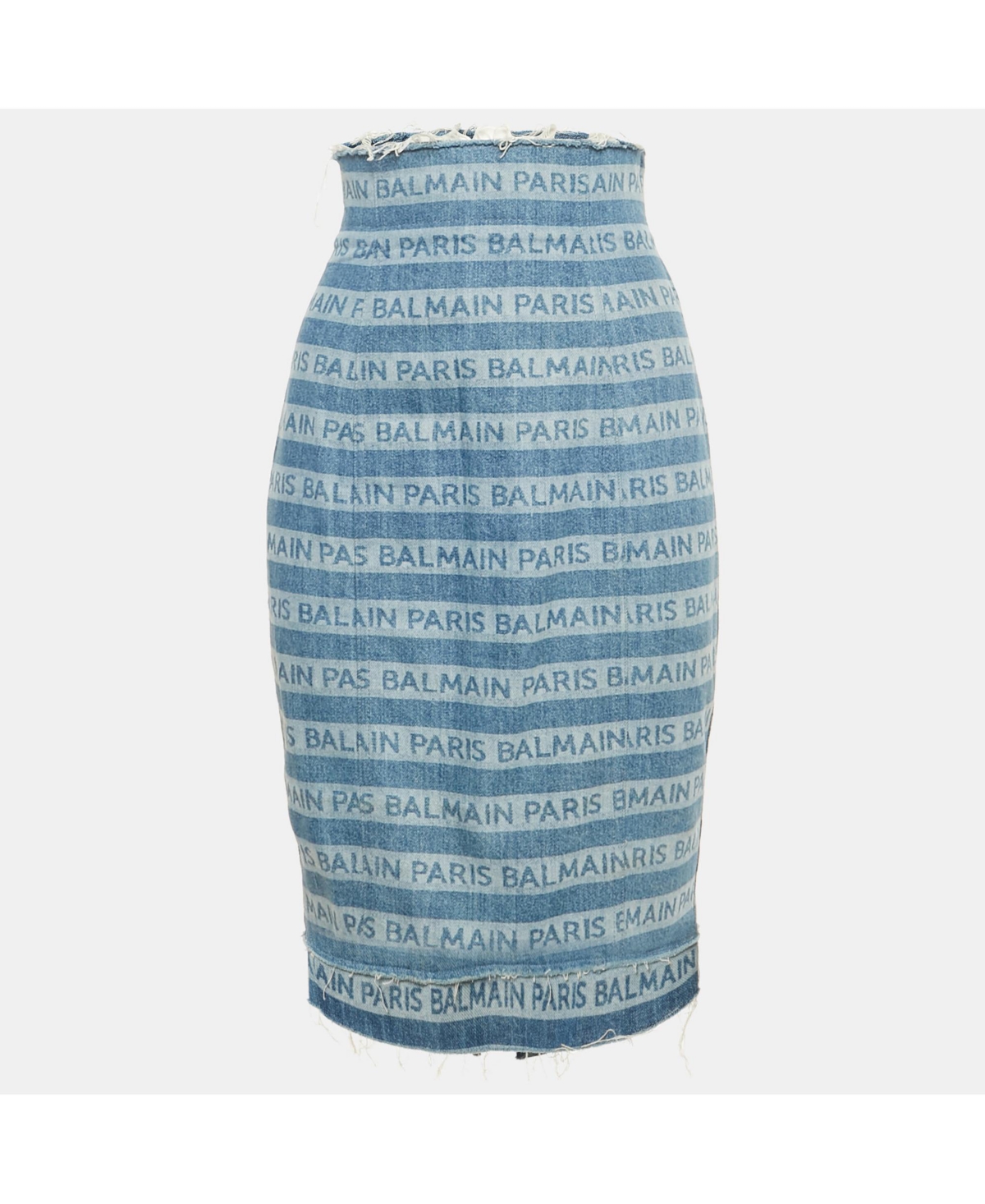 Pre-Owned Balmain Women's Blue Striped Logo Raw Edge Denim Skirt