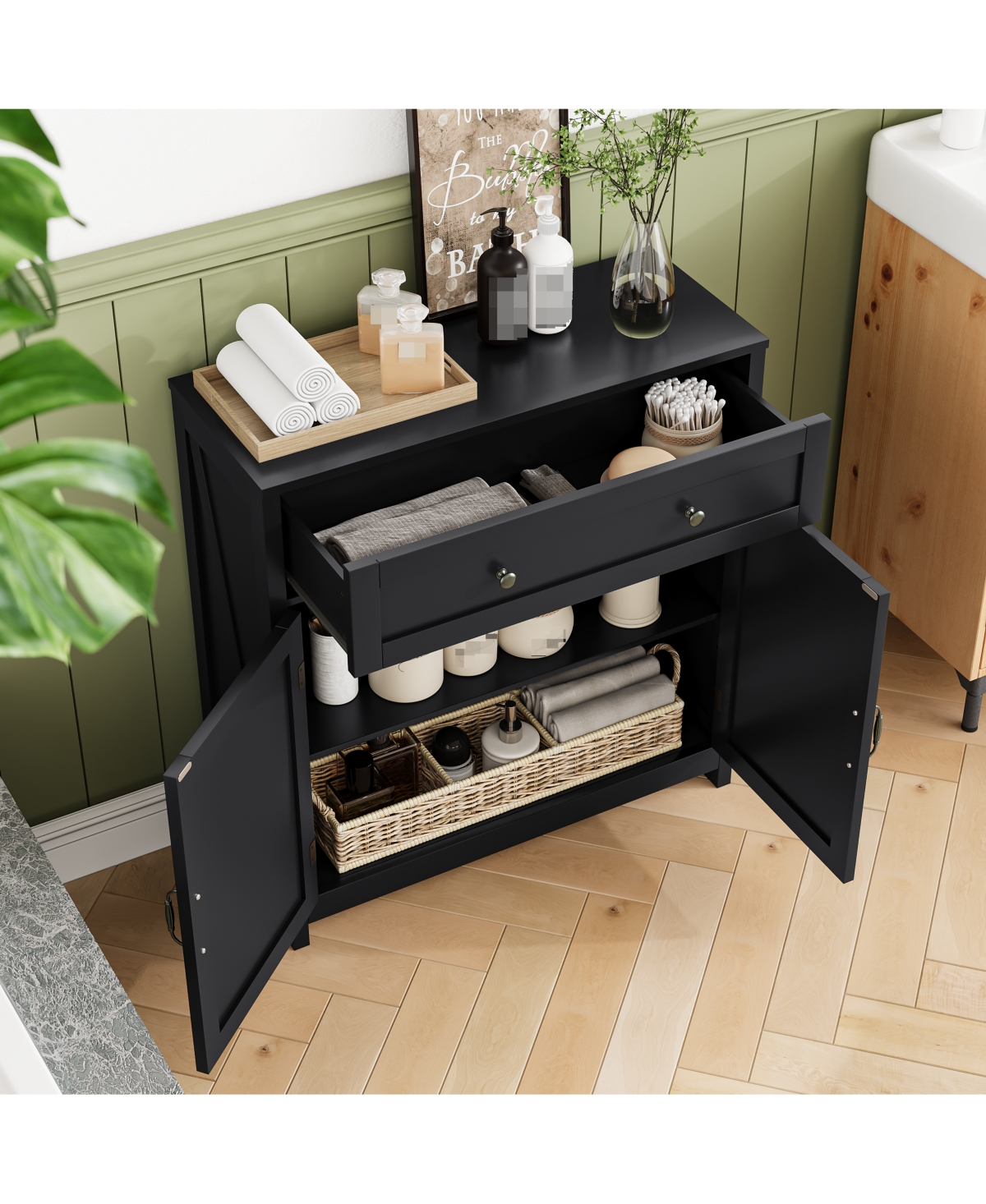 sumyeg Farmhouse Kitchen Cabinet Sideboard with Barn Door Drawer and Adjustable Shelf in Black