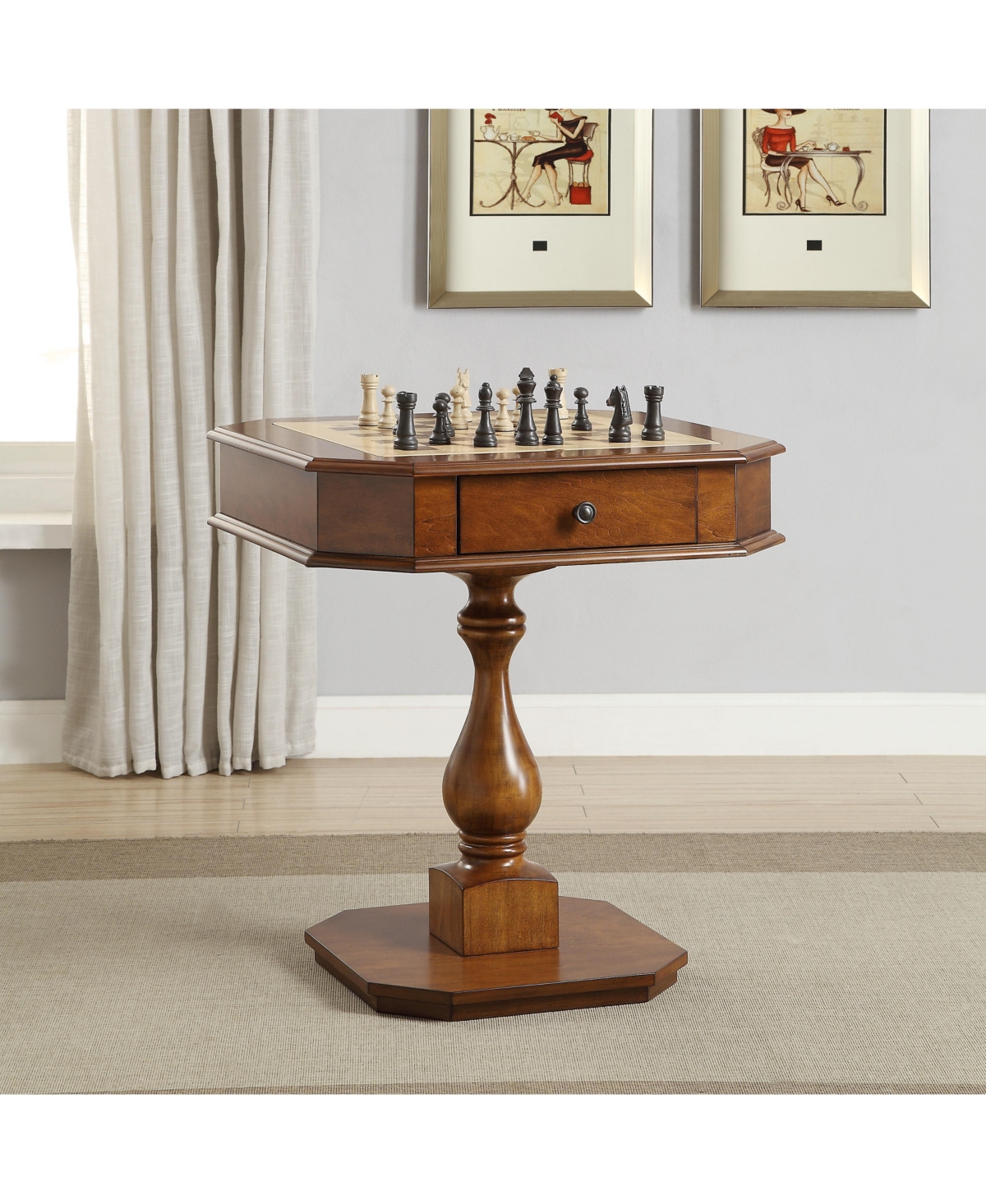 Cherry Wood Game Table with BuiltIn Chessboard and Two Storage Drawers Sturdy Pedestal Base for Organized Gaming and Display