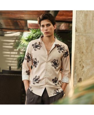 Men's Ecru Beige & Midnight Black Withering Flora Imprint Shirt
