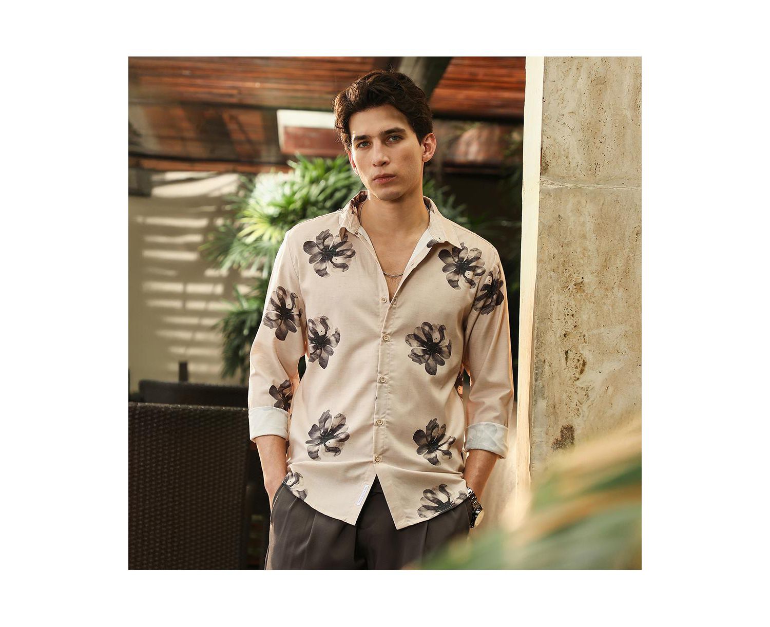 Men's Ecru Beige & Midnight Black Withering Flora Imprint Shirt