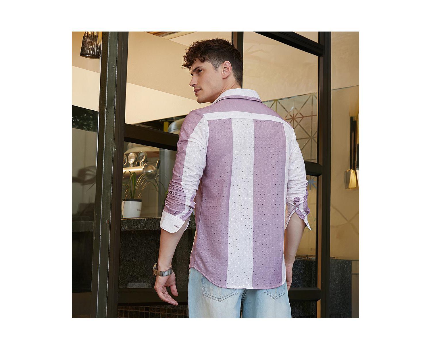 Men's Mauve Purple & Daisy White Panel-Tactile Shirt