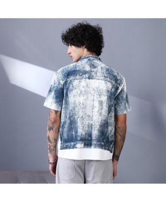 Men's Navy Blue Denim-Imprint Relaxed Shirt