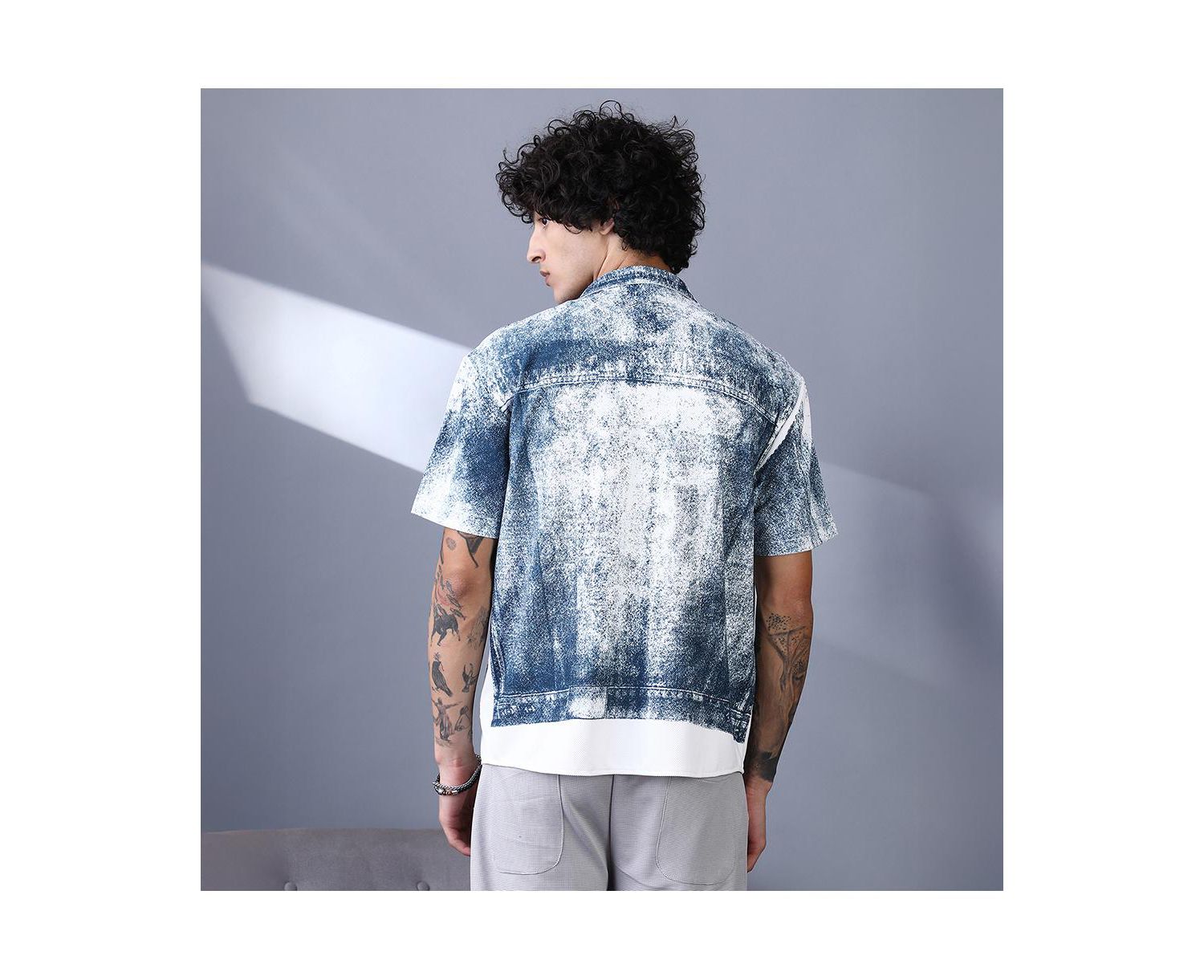 Men's Navy Blue Denim-Imprint Relaxed Shirt