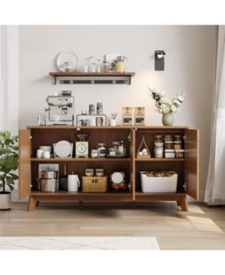 58" Modern Farmhouse Buffet Cabinet with Curved Doors & Adjustable Shelves - Wood Storage Sideboard for Dining Room, Walnut Wood Color