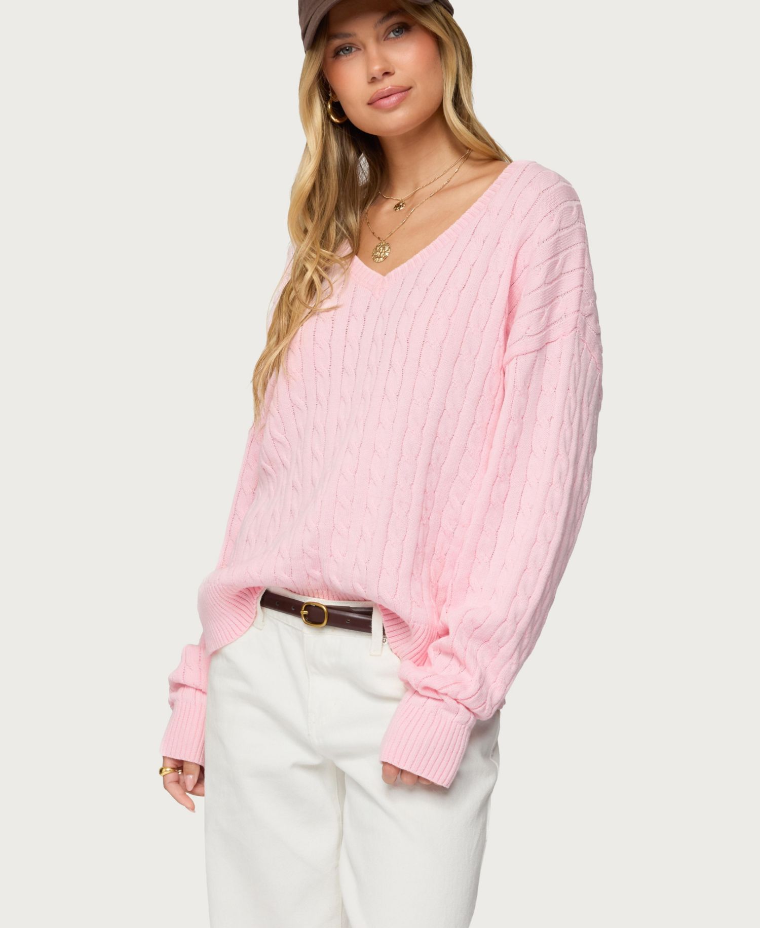 Women's Polly V Neck Cable Knit Sweater