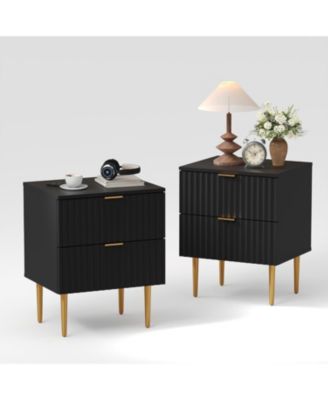 2pcs Modern Nightstand with 2 Drawers, Golden and Wood Fluted Night Stand with Charging Station, Bedside Table with USB Ports and Outlets.