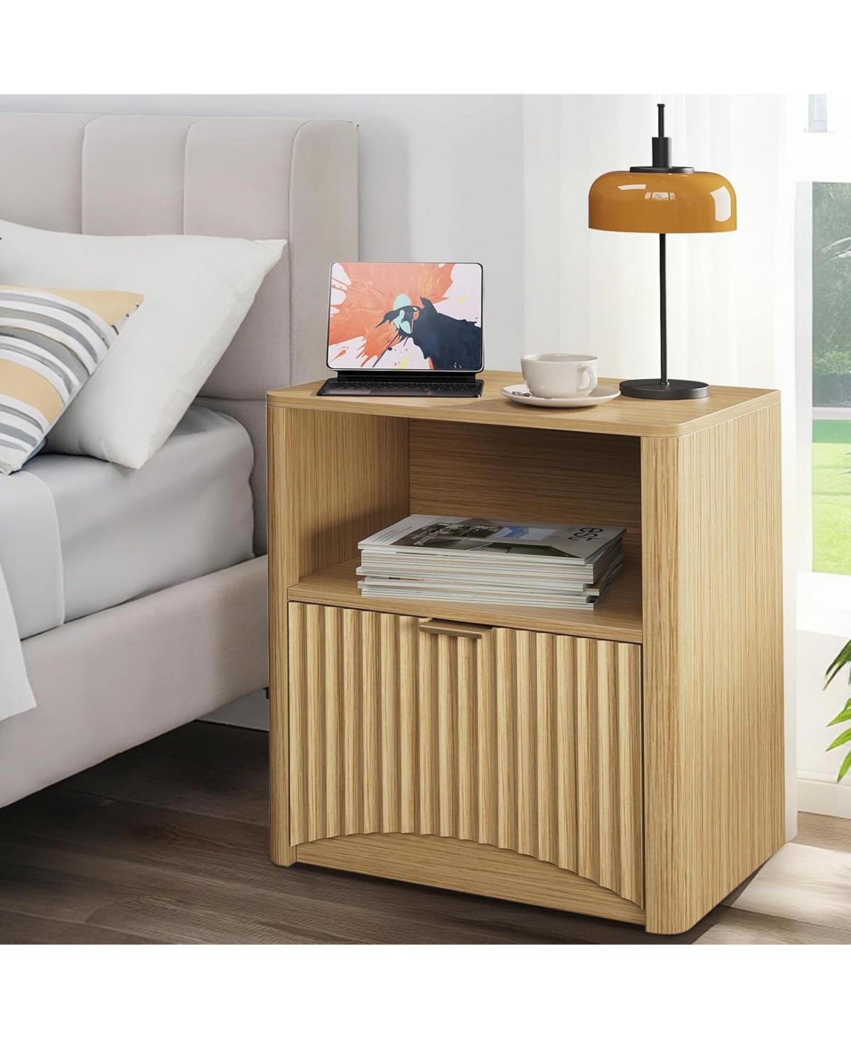 Gaomon 2pcs Nightstands, Fluted Nightstand with Drawer and Storage, End Table Mid Century Modern, Wooden Nightstand for Bedroom Sofa Office,Oak