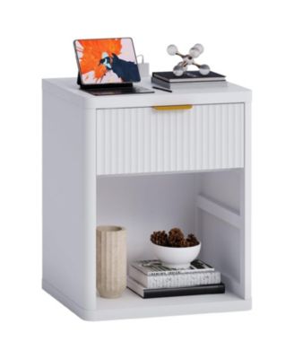 Fluted Nightstand with Charging Station, Bedside Table with Drawers and Open Storage Space, Mid Century Modern End Table