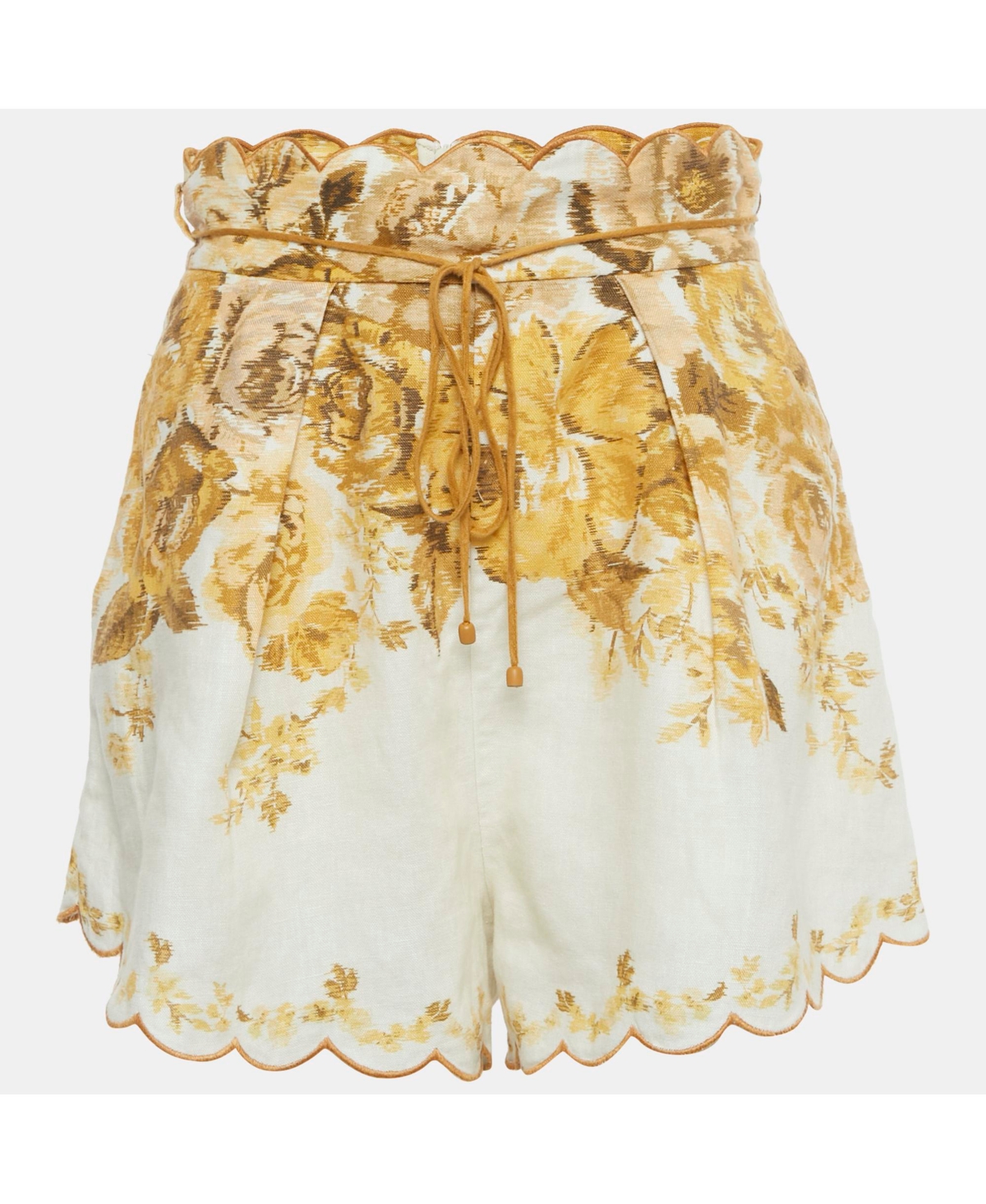 Pre-Owned Zimmermann Women's Yellow Floral Print Linen Aliane Scallop Shorts