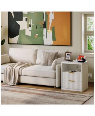 Fluted Nightstand with Charging Station, Bedside Table with 2 Drawers and Open Storage Space, Mid Century Modern End Table, 1pcs