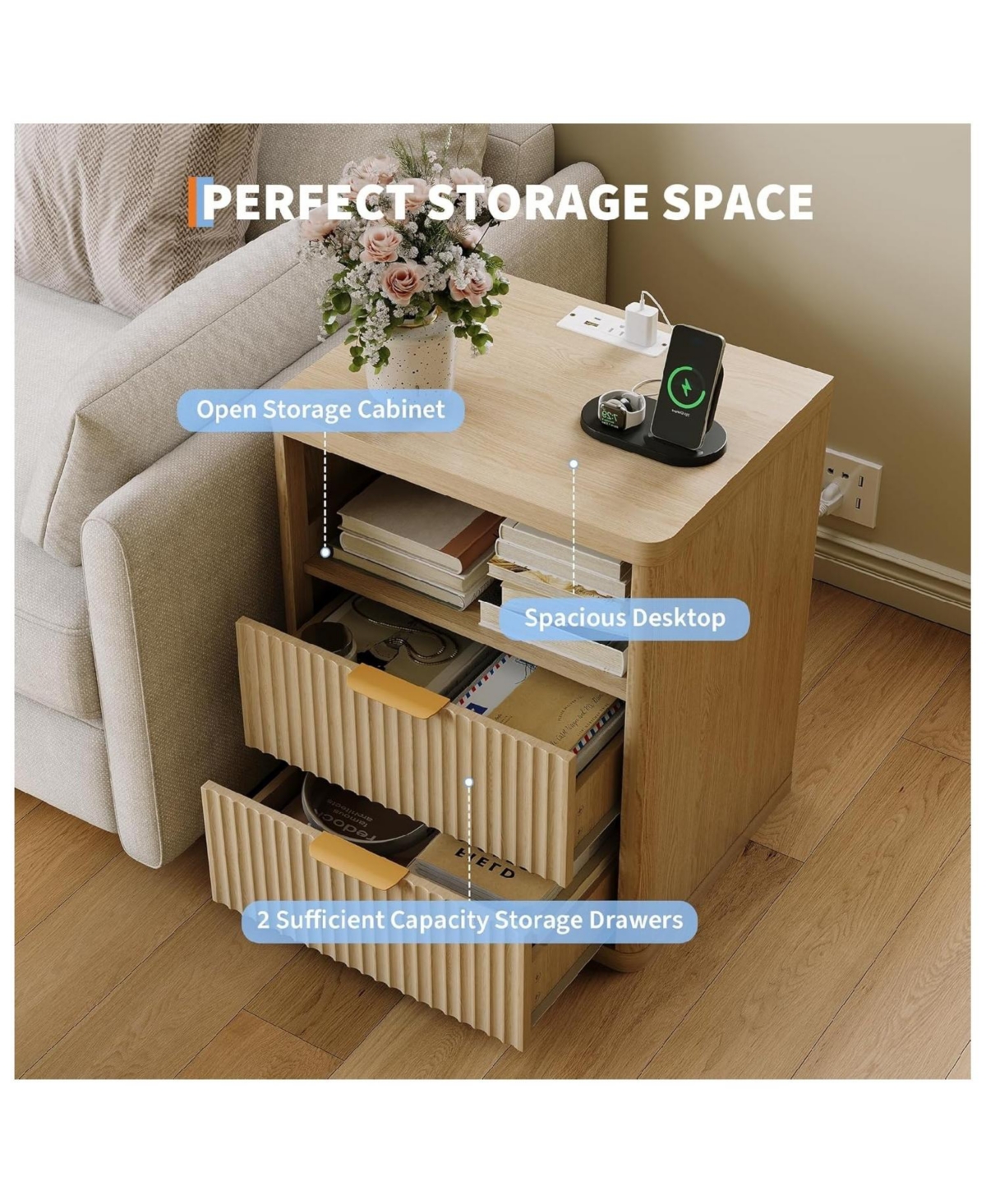 gaomon Fluted Nightstand with Charging Station, Bedside Table 2 Drawers and Open Storage Space, Mid Century Modern End Table, 1pcs