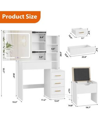 Vanity Desk with Sliding Mirror and Lights, Modern Makeup Vanity Table with 4 Drawers and 7 Storage Shelves