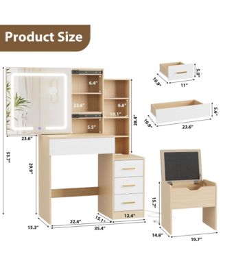 Vanity Desk with Sliding Mirror and Lights, Modern Makeup Vanity Table with 4 Drawers and 7 Storage Shelves