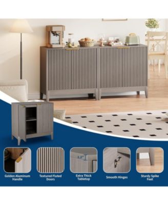 31.5" Fluted Storage Cabinet with Gold Handles, Adjustable Shelf, Oak Finish Credenza for Dining Room & Home Organization