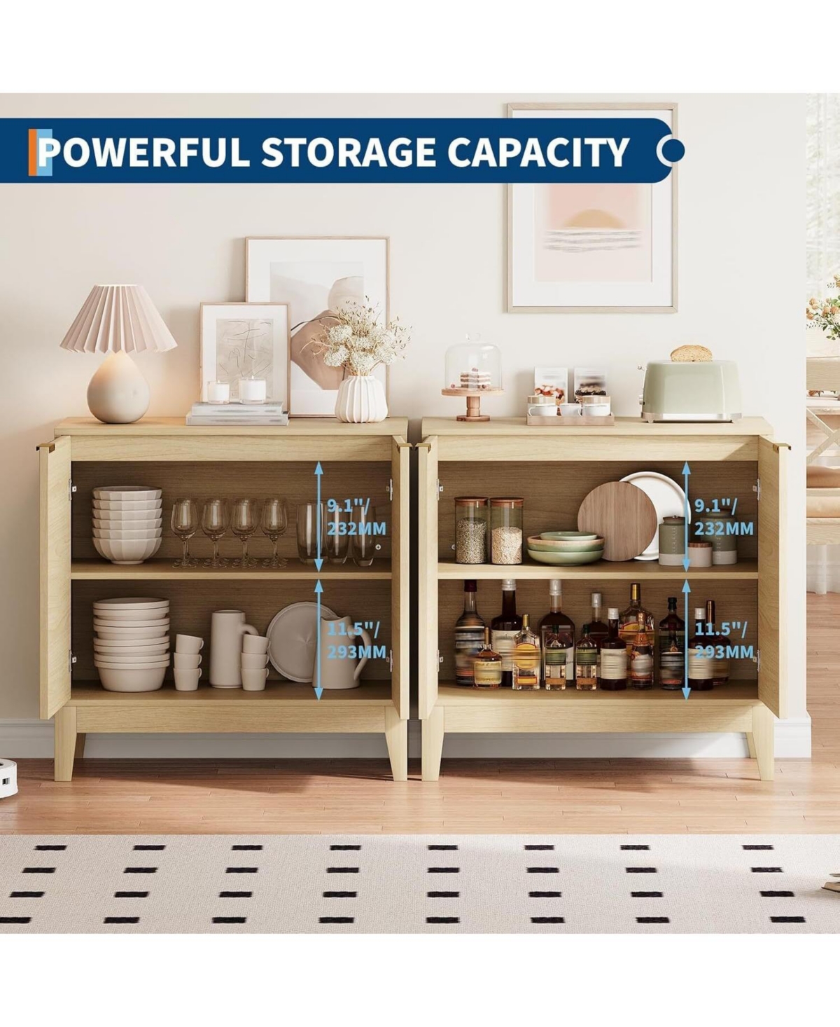 gaomon 31.5" Fluted Storage Cabinet with Gold Handles, Adjustable Shelf, Oak Finish Credenza for Dining Room & Home Organization