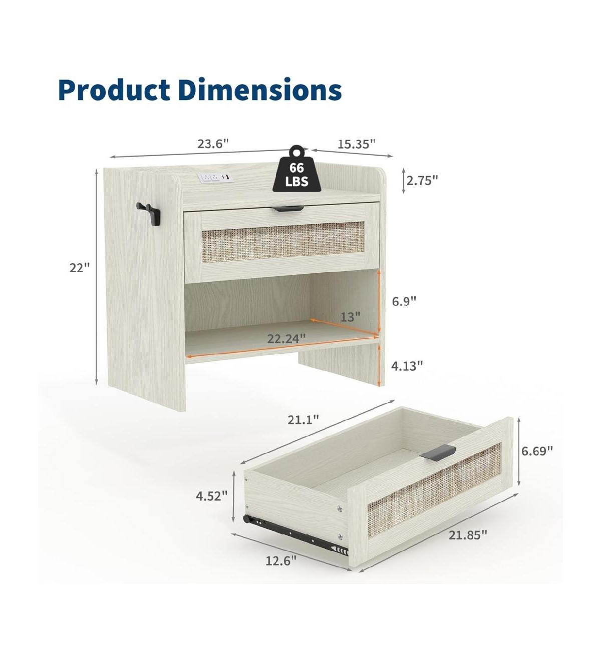 gaomon Rattan Nightstand, Bedside Table with Type-c Charging Station - 1 Storage Drawer & Open Storage Space, Boho End Table Side Table