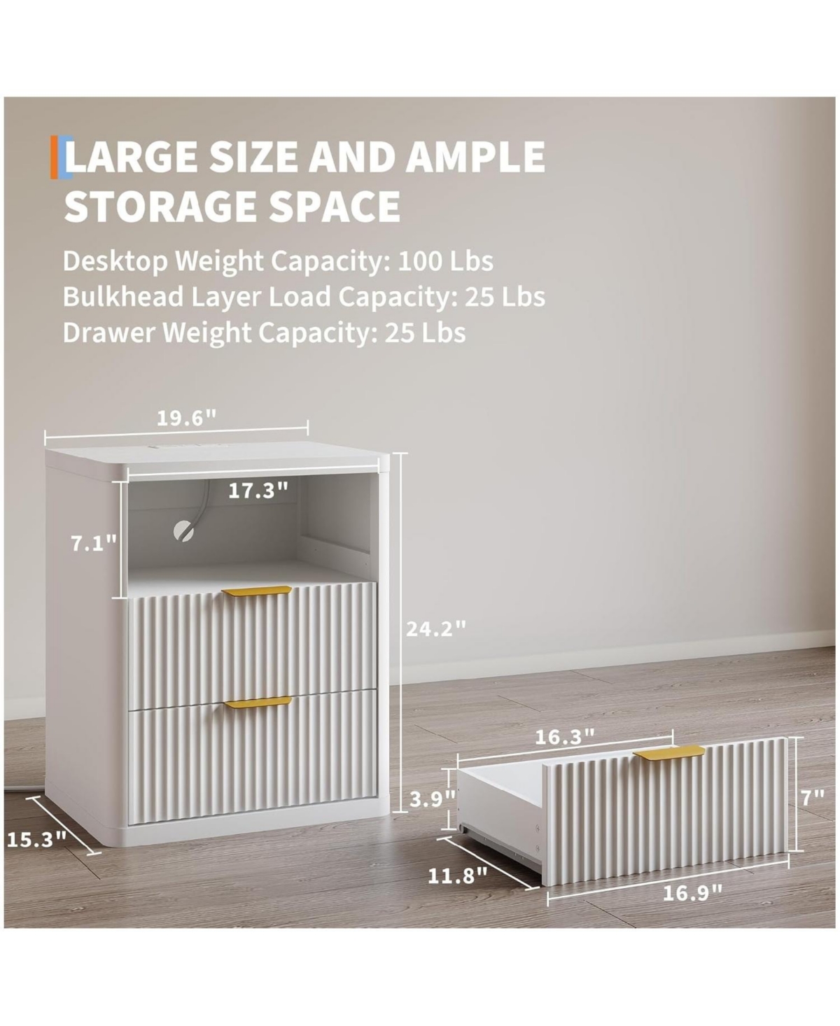 gaomon Fluted Nightstand Set of 2, Bedside Table Built-in Charging Station, Featuring 2 Drawer & Open Storage Space, Mid Century Modern Night Stand