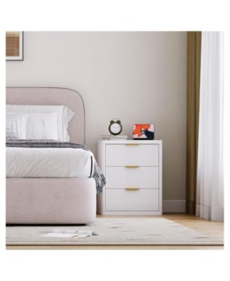 Fluted Nightstand with Charging Station, Bedside Table with 3 Drawers and Open Storage Space, Mid Century Modern End Table,