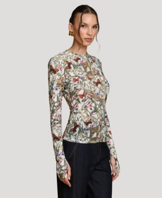Women's Printed Long-Sleeve Mesh Top