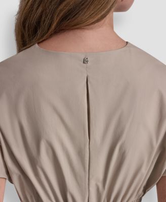 Women's Poplin Smocked-Waist V-Neck Midi Dress