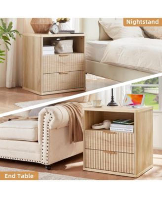 Fluted Farmhouse Nightstand Set of 2 with Charging Station, 23" Wide 2 Drawers End Table