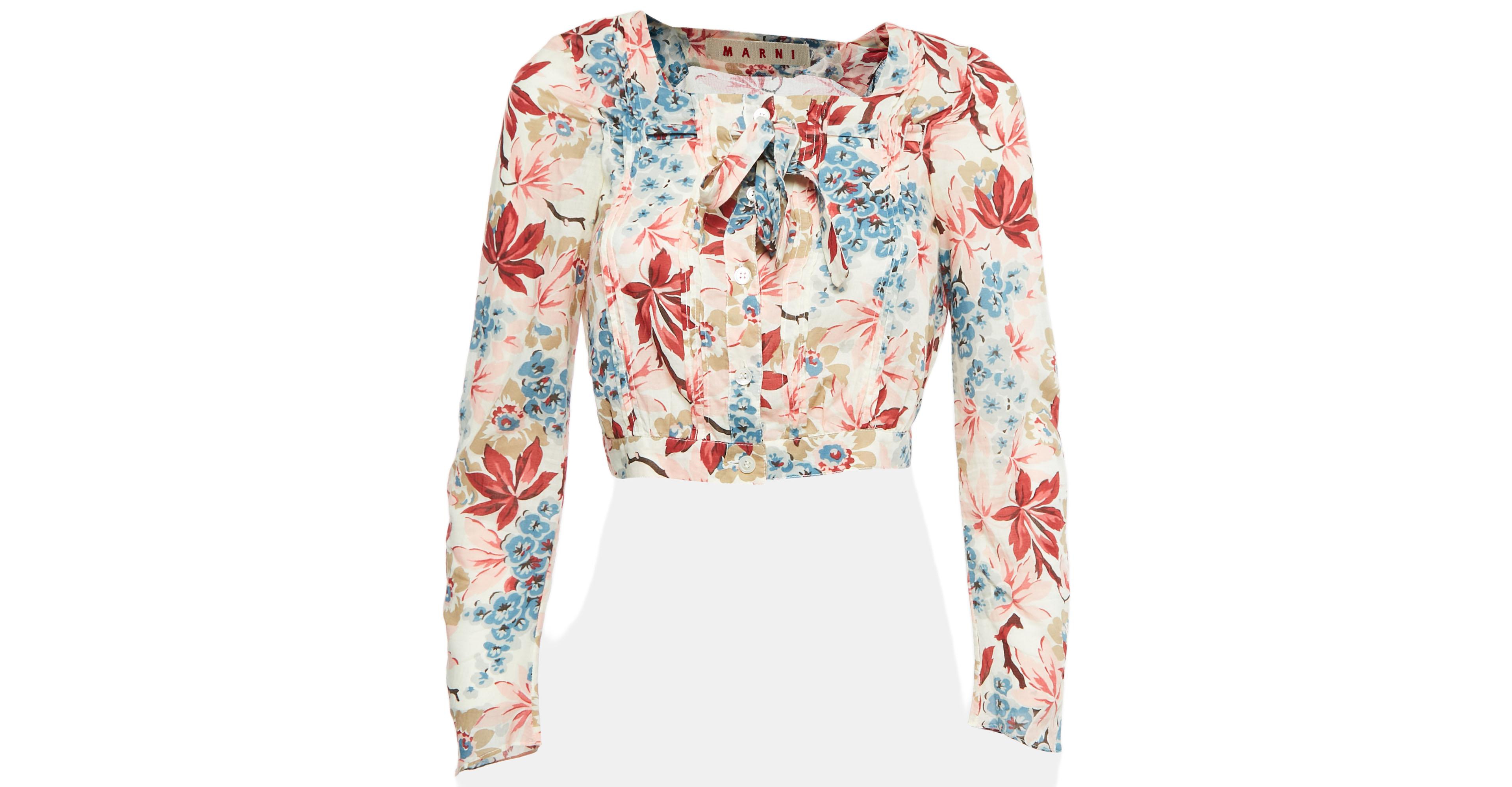 Pre-Owned Marni Women's Multicolor Floral Print Cotton Tie-Up Detail Blouse