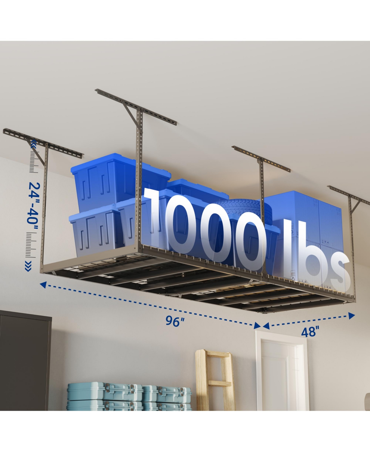 Fleximounts Max Series 48 in. W x 96 in. D x 24 - 40 in. H Black Heavy Duty Ceiling Mounted Overhead Garage Storage Rack-GR48BMAX-e