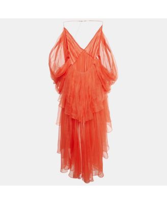 Women's Red Silk Organza Natura High-Low Tiered Dress