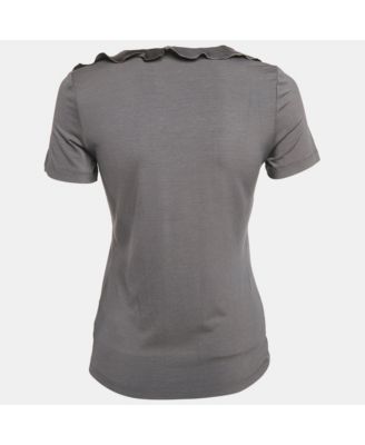Women's Grey Knit & Silk Ruffle Neck Top