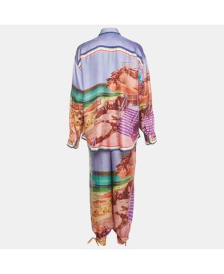 Women's Multicolor Printed Silk Pyjama Pant & Shirt Set