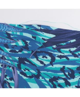 Women's Blue Printed Silk Belted Asymmetric Hem Skirt