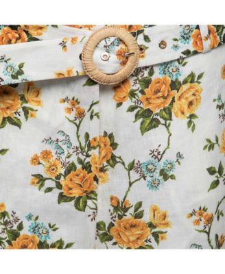 Women's White Floral Printed Linen Belted Straight Pants