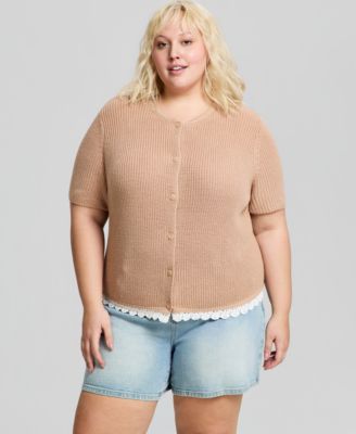 Trendy Plus Size Short-Sleeve Crewneck Cardigan