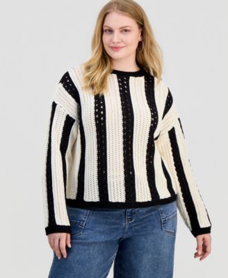 Trendy Plus Size Pointelle Stripe Crewneck Sweater