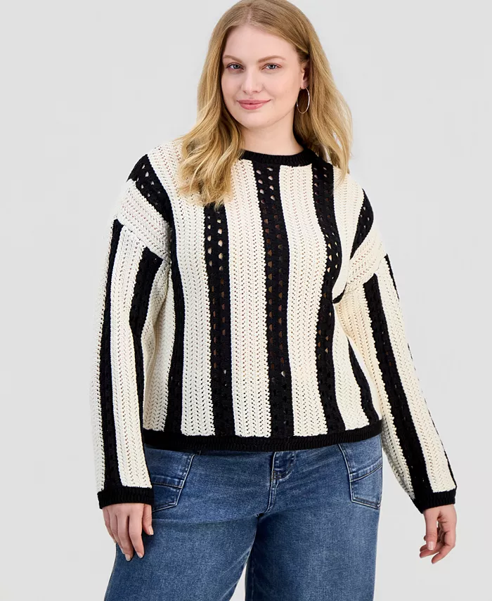 Trendy Plus Size Pointelle Stripe Crewneck Sweater