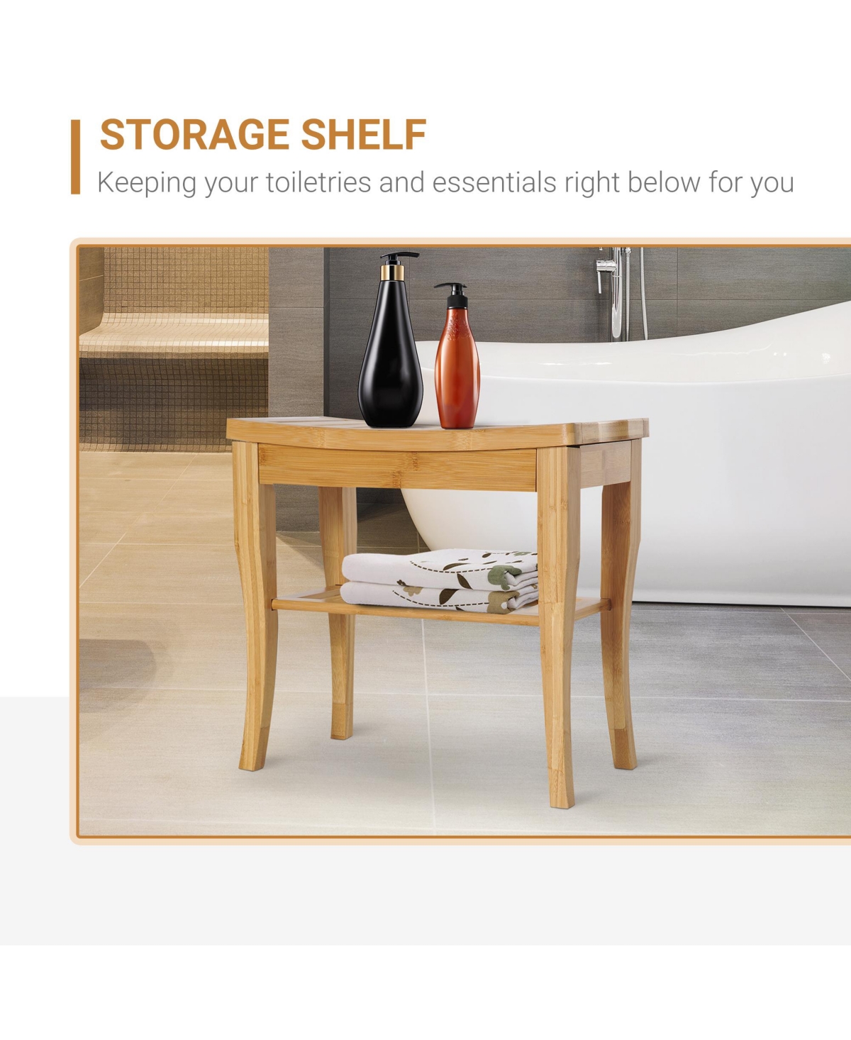 Bamboo Shower Bench Bathroom Stool Spa Bath Organizer Seat W/ Shelf