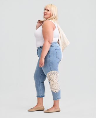 Trendy Plus Size Crochet-Trim High Rise Cropped Jeans