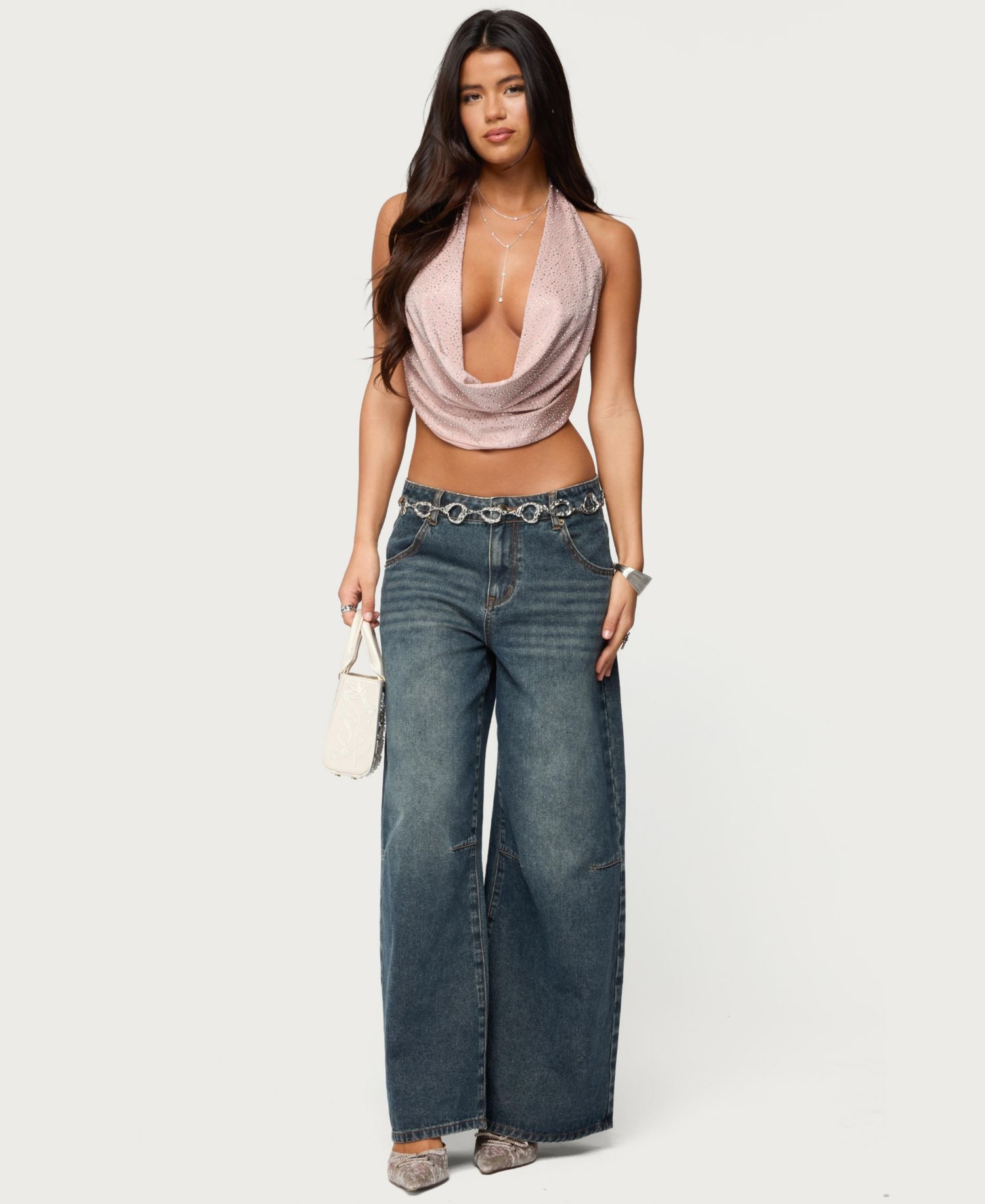 Women's Studded Backless Cowl Neck Top