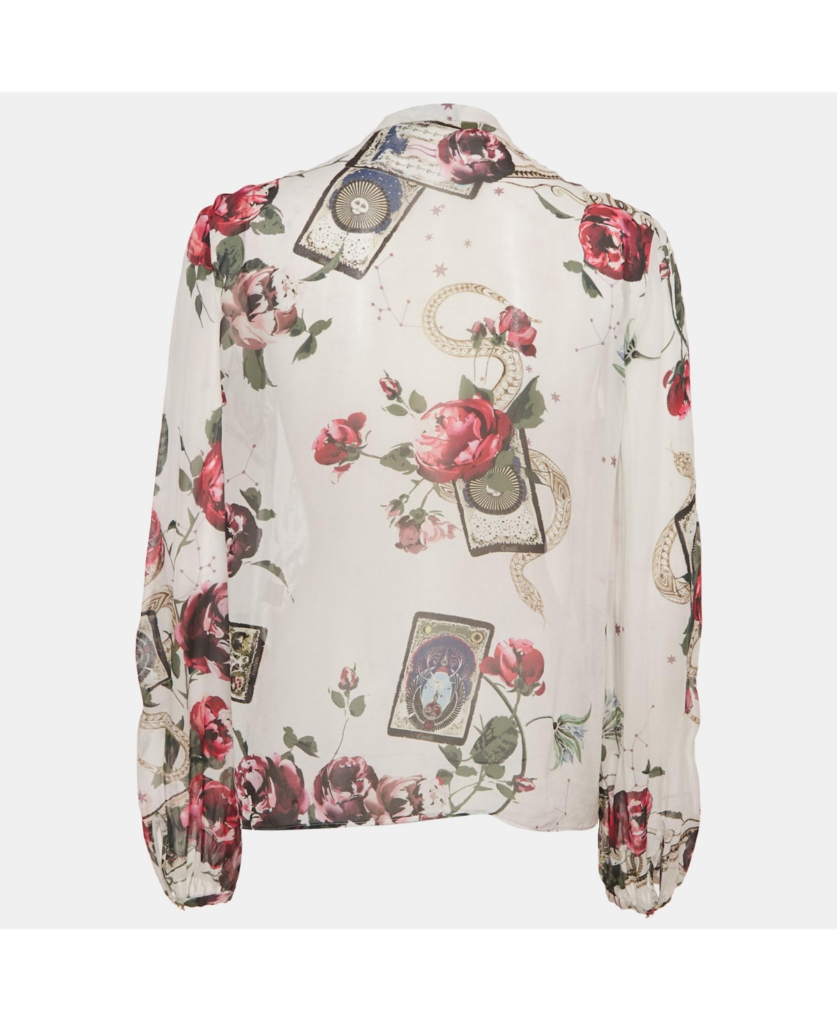 Pre-Owned Roberto Cavalli Women's White Printed Silk Chiffon Ruffled Sheer Top