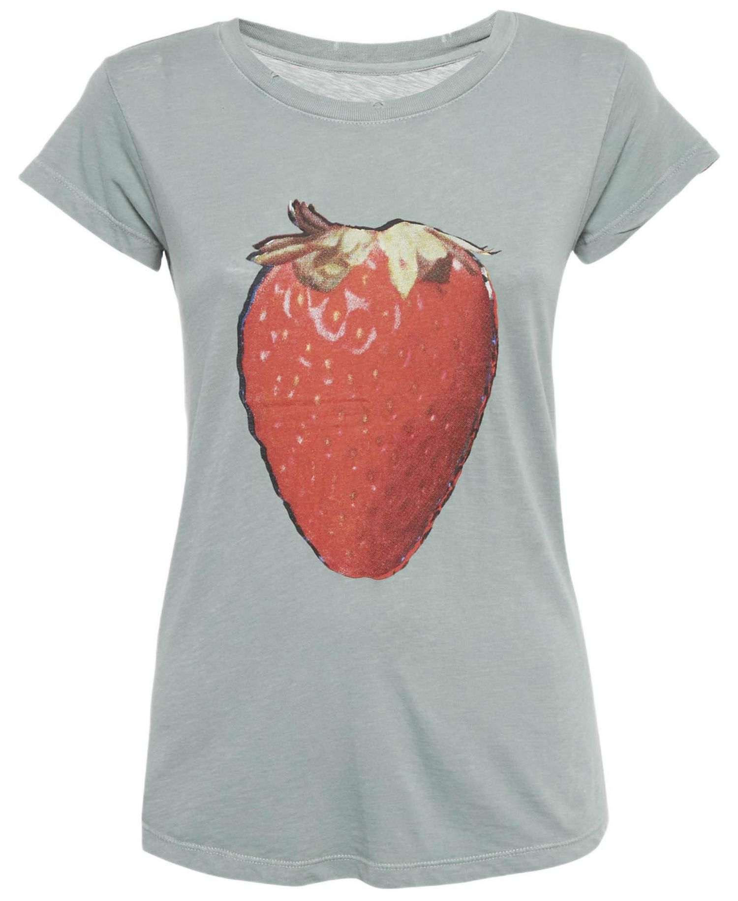 Women's Green Strawberry Print Cotton Blend Distressed T-Shirt