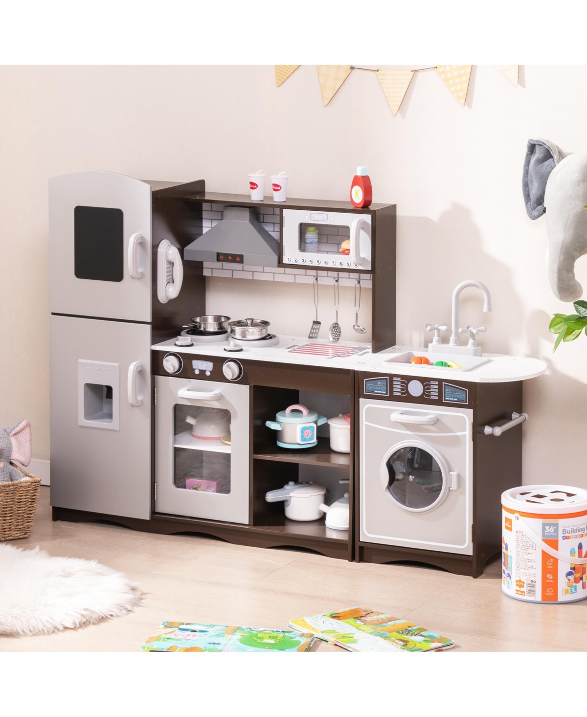 Hongge Interactive Corner Toy Kitchen Set with Light, Sounds, and Storage Cabinets - Dark Brown