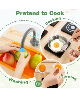 Outdoor Wooden Mud Kitchen Playset with Sink, Stove, and Canopy - Natural