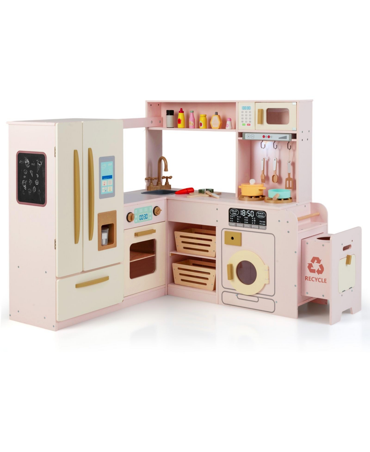 Hongge Corner Kitchen Playset for Kids with Lights, Sounds, and Storage - Pink