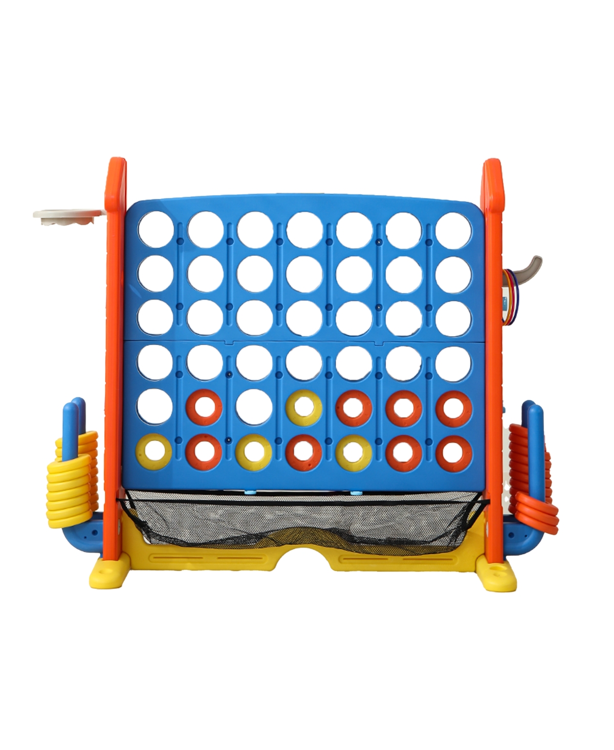 Flynama 4 in 1 Giant Game Set with Adjustable Height Jumbo Connect 4 Basketball Ring Toss Golf Games Portable Outdoor Set for Kids Adults