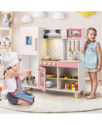 Wooden Pretend Play Kitchen With Ice Maker Range Hood And Blackboard.