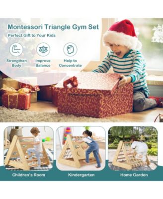 4 in 1 Triangle Climber Toy with Sliding Board and Climbing Net-Natural